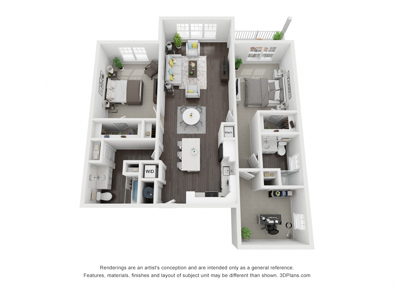 Floor plan for 2 beds, 2 baths, 1289 sqft